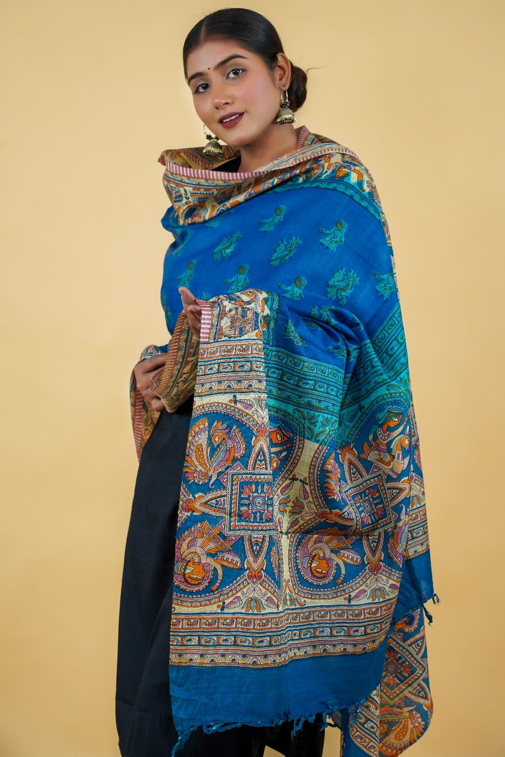 Tussar Saree with Madhubani Bride, Doli, and Kaahar Painting