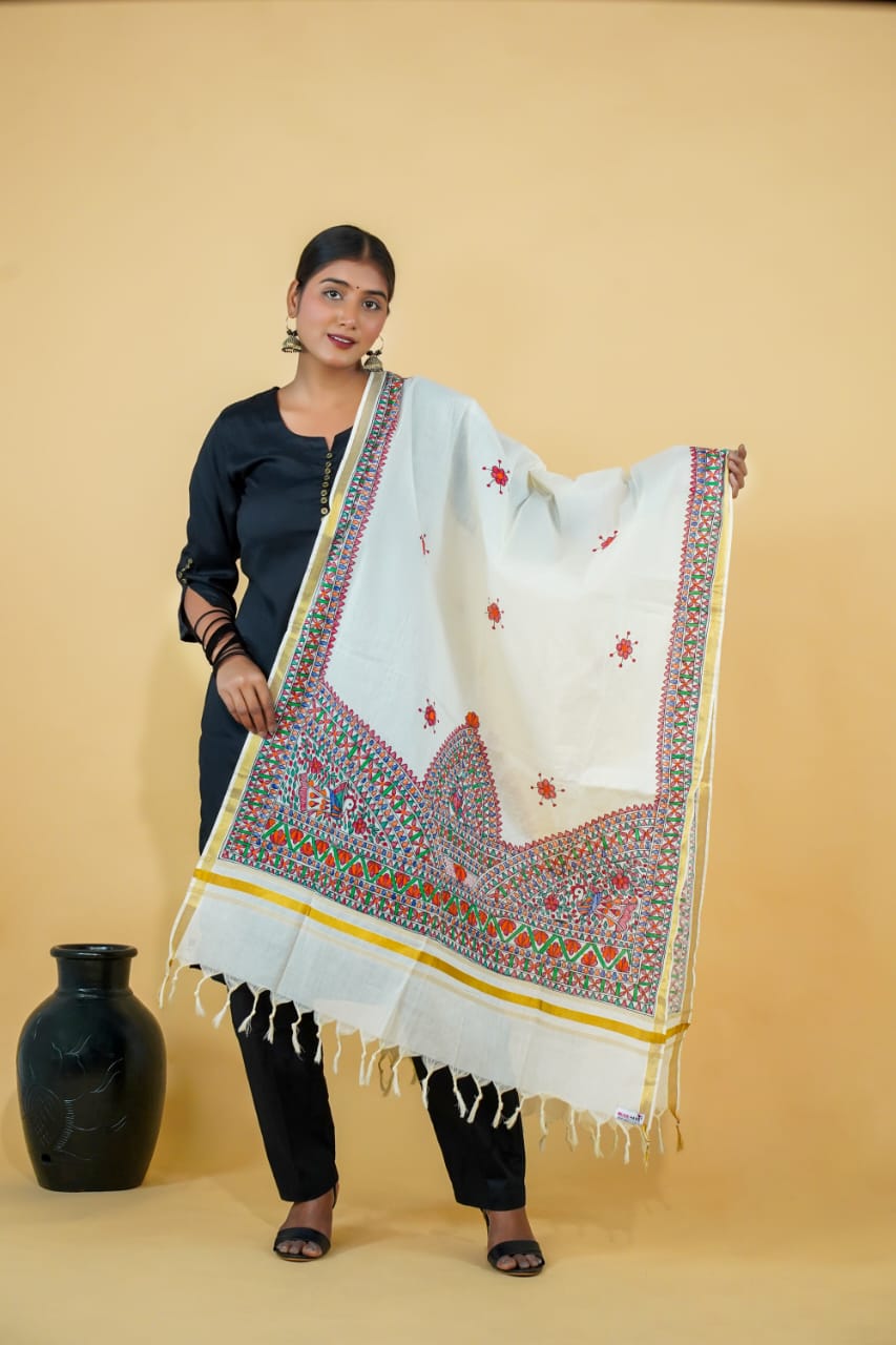 Tussar Saree with Madhubani Bride, Doli, and Kaahar Painting