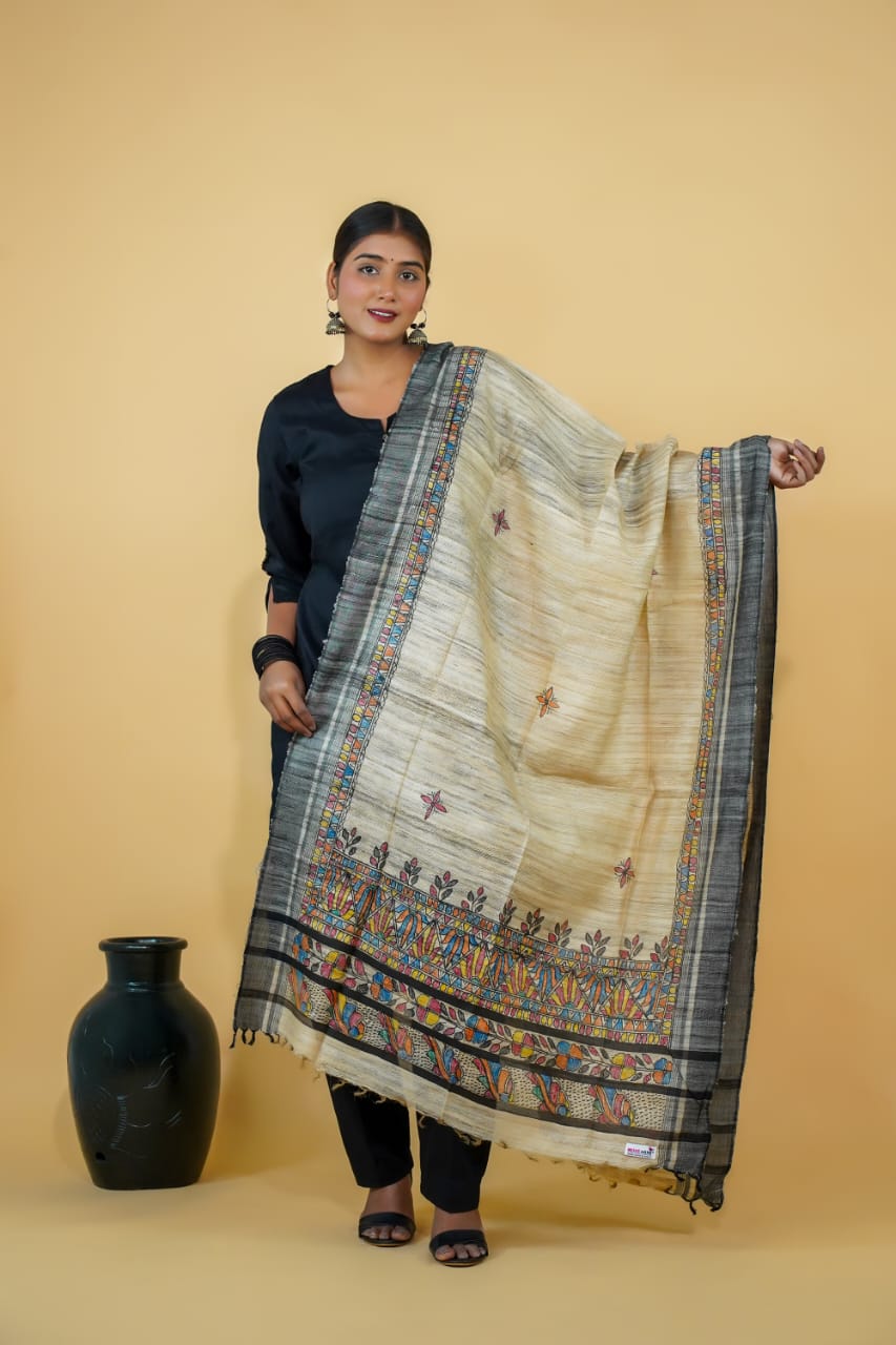Tussar Saree with Madhubani Bride, Doli, and Kaahar Painting