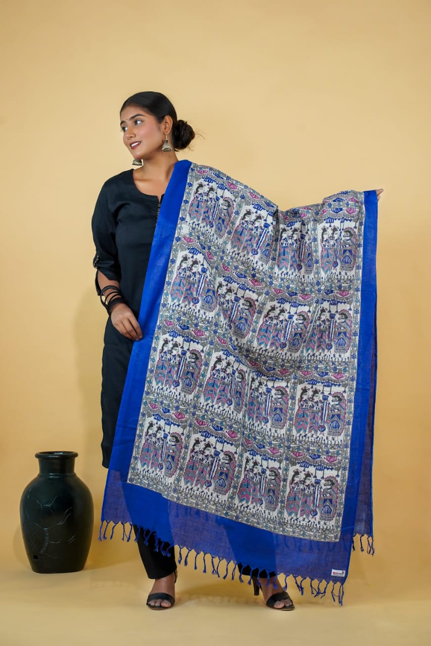 Tussar Saree with Madhubani Bride, Doli, and Kaahar Painting