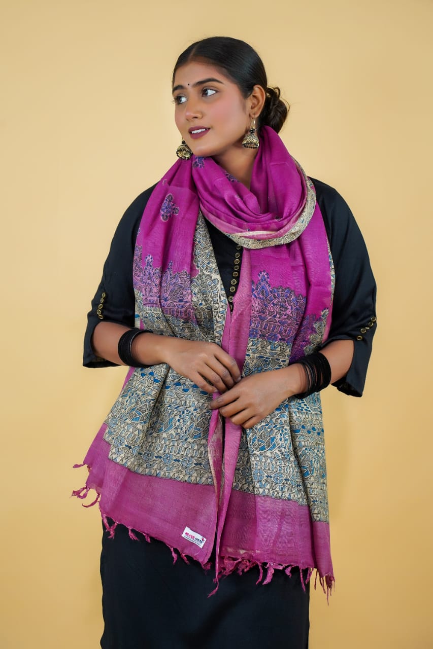 Tussar Saree with Madhubani Bride, Doli, and Kaahar Painting