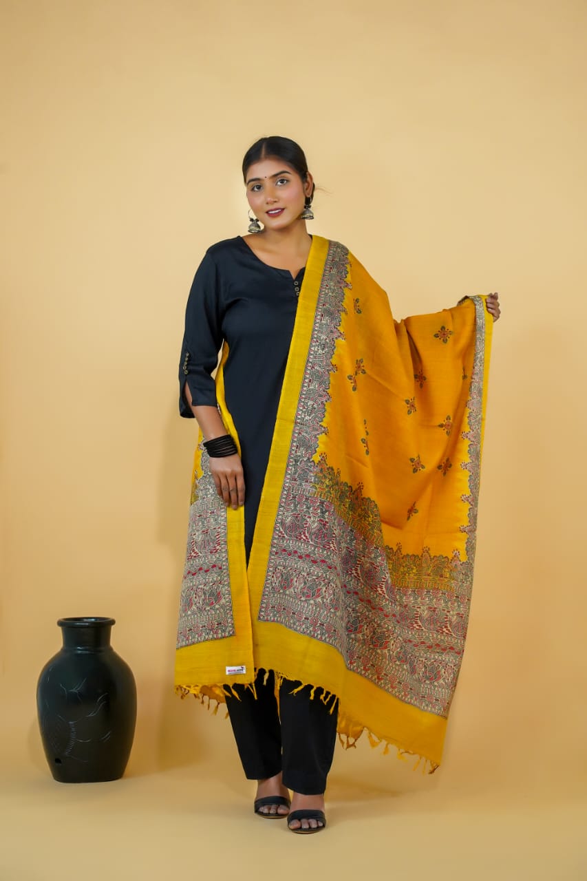 Tussar Saree with Madhubani Bride, Doli, and Kaahar Painting
