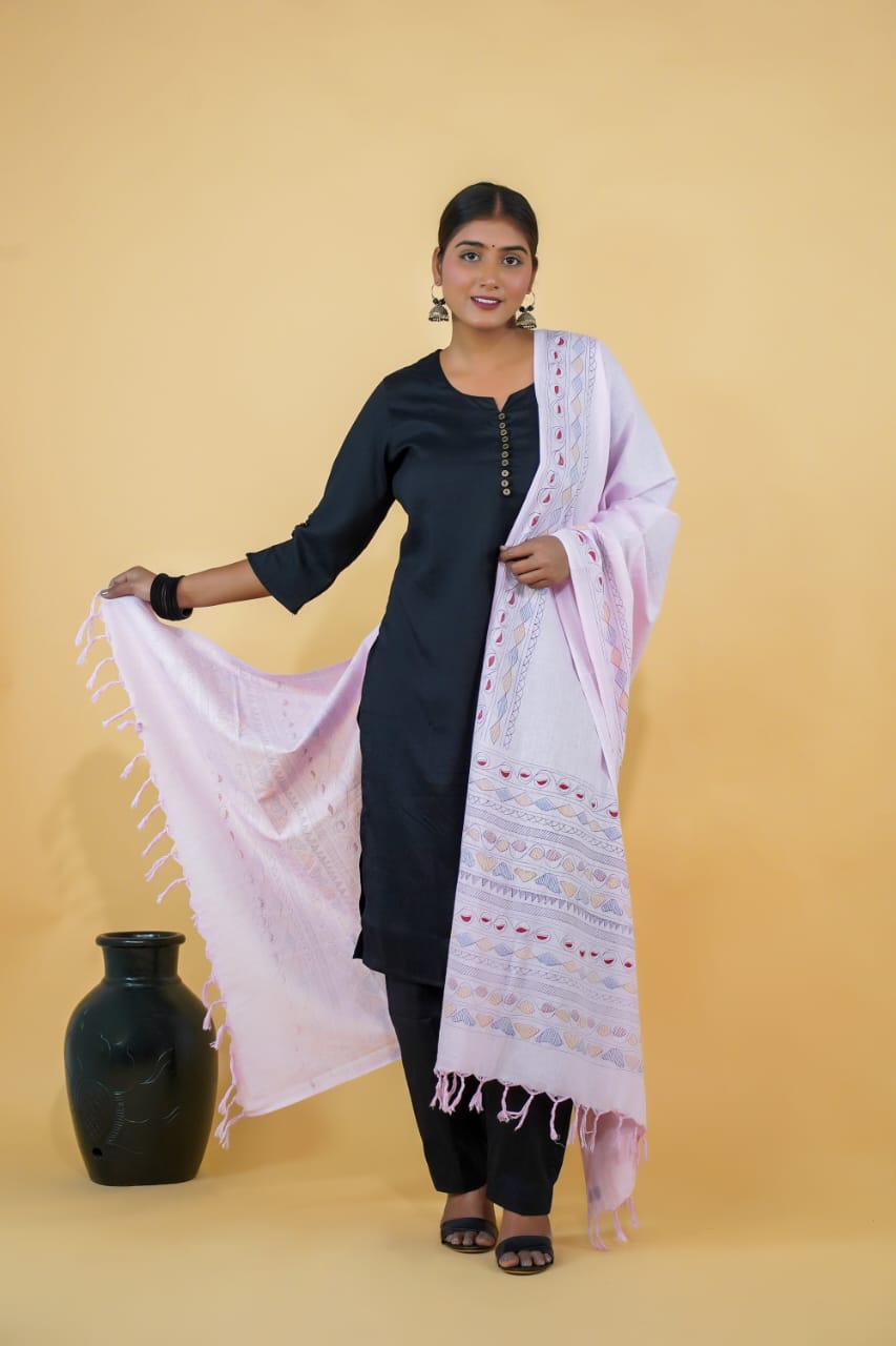 Tussar Saree with Madhubani Bride, Doli, and Kaahar Painting