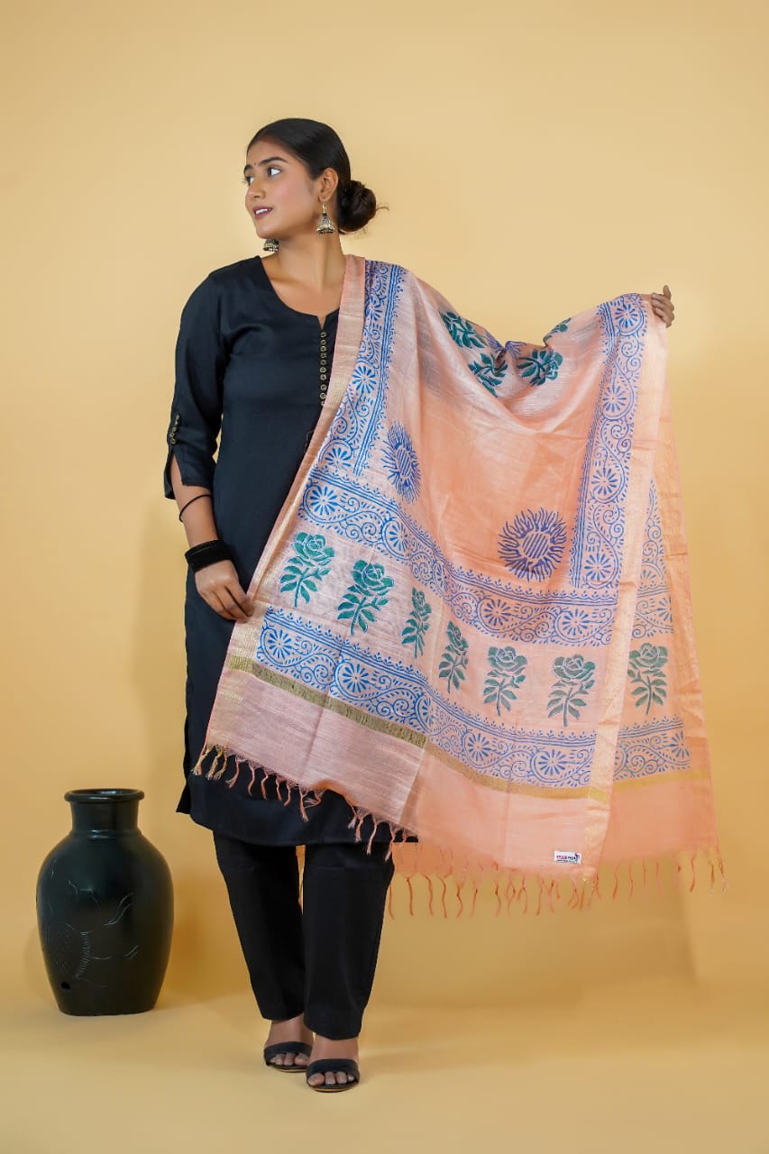 Tussar Saree with Madhubani Bride, Doli, and Kaahar Painting