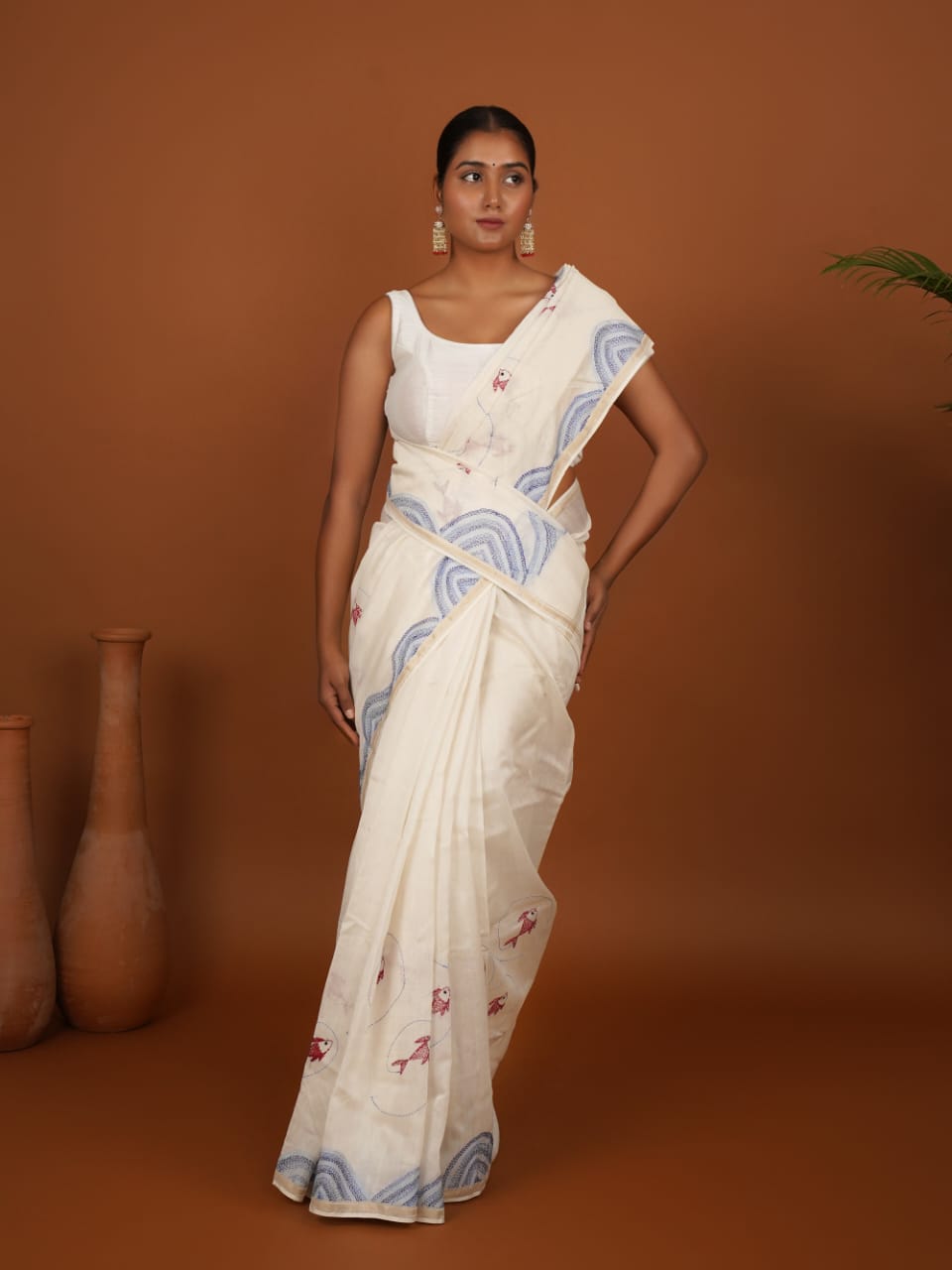 Tussar Saree with Madhubani Bride, Doli, and Kaahar Painting