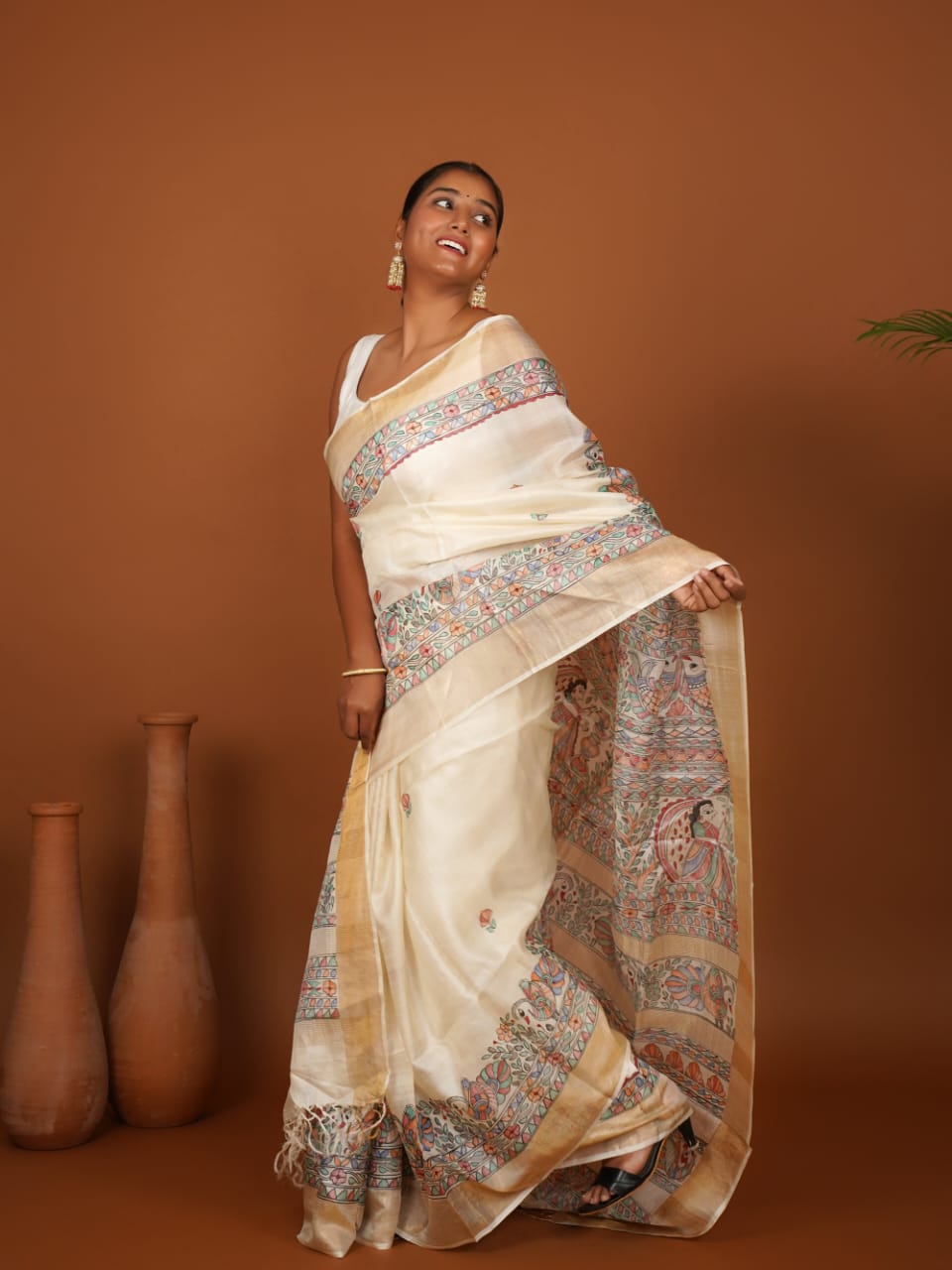 Tussar Saree with Madhubani Bride, Doli, and Kaahar Painting