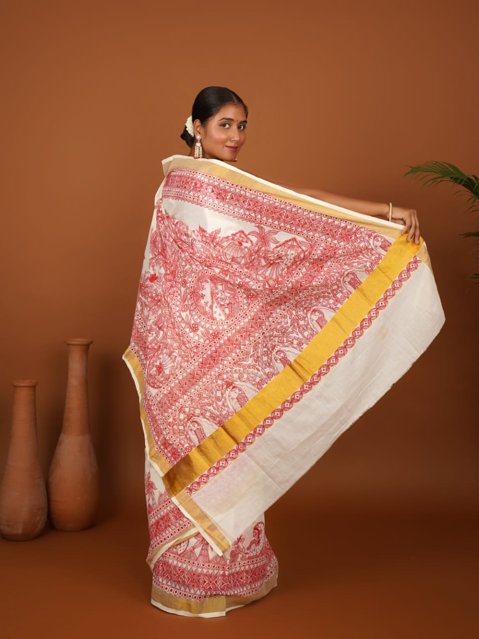 Tussar Saree with Madhubani Bride, Doli, and Kaahar Painting