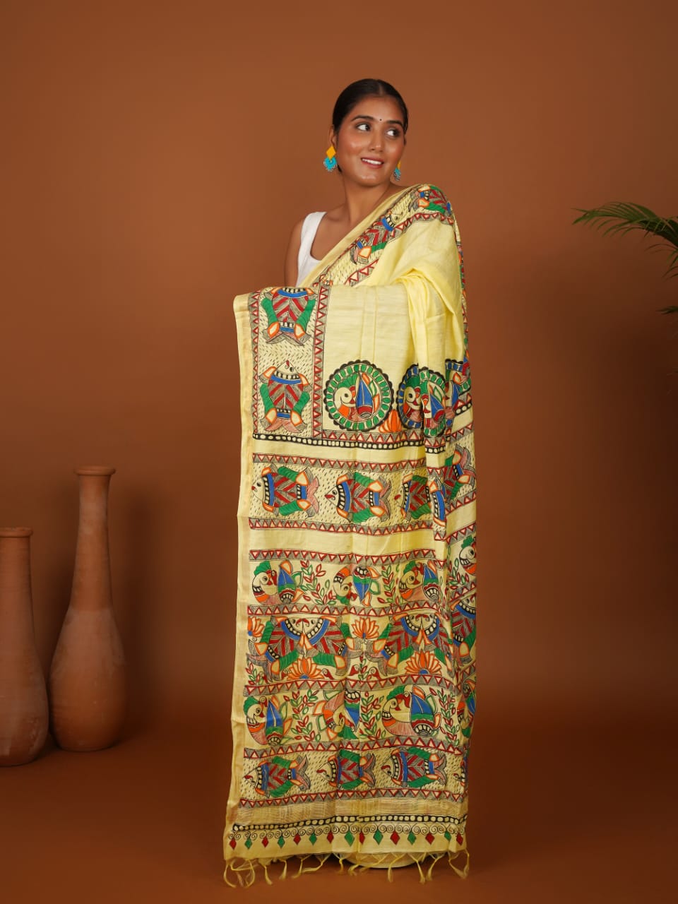 Tussar Saree with Madhubani Bride, Doli, and Kaahar Painting