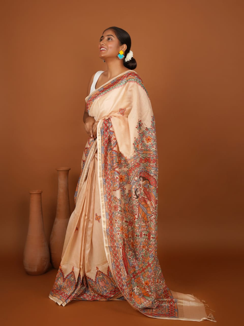 Tussar Saree with Madhubani Bride, Doli, and Kaahar Painting