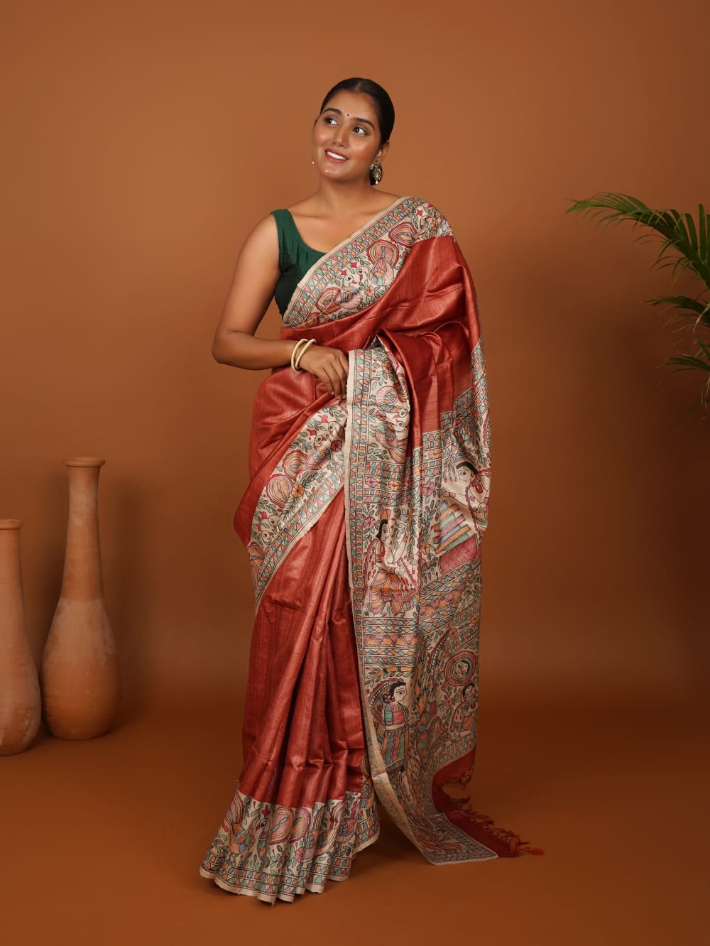 Tussar Saree with Madhubani Bride, Doli, and Kaahar Painting