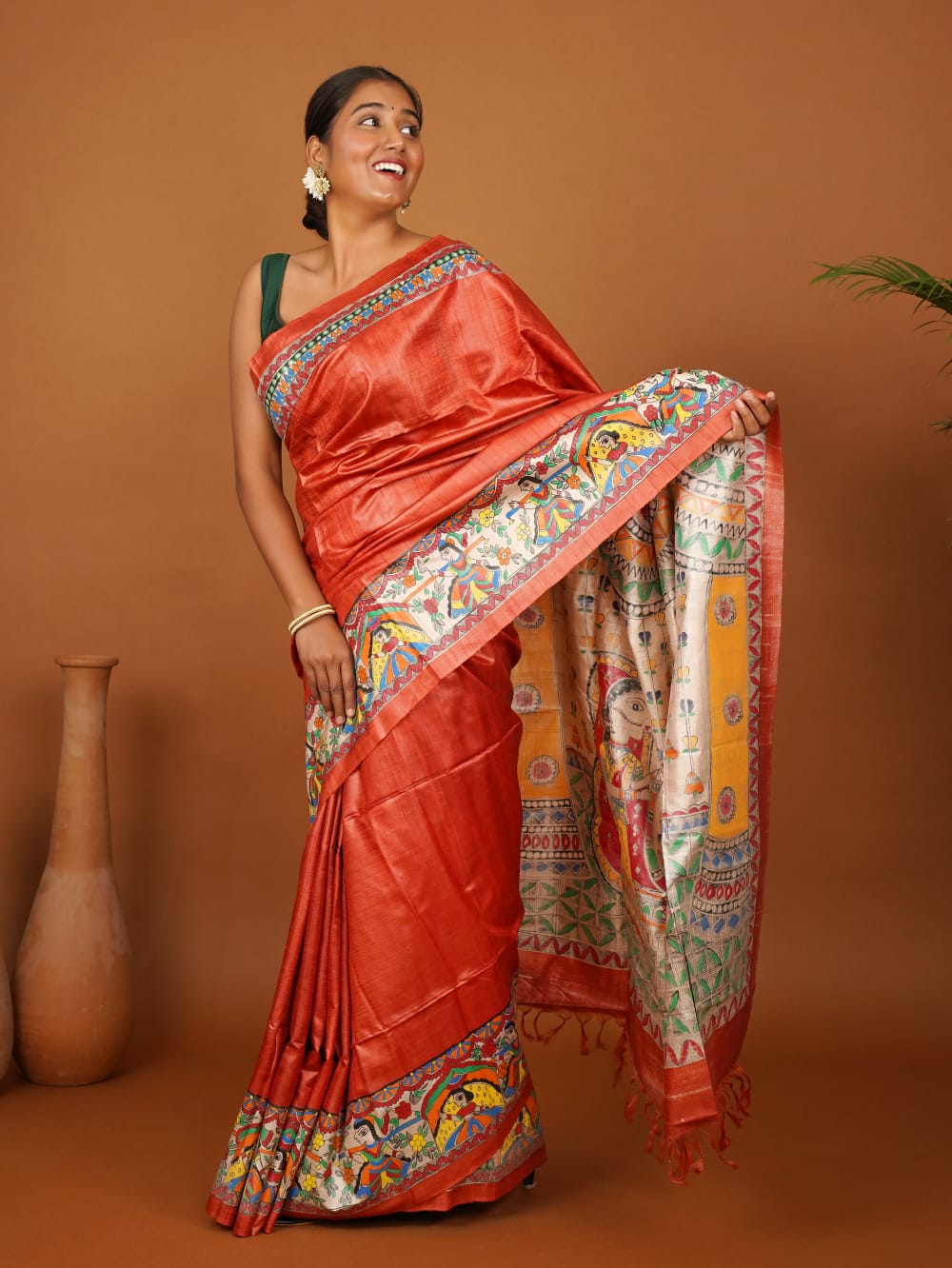 Tussar Saree with Madhubani Bride, Doli, and Kaahar Painting