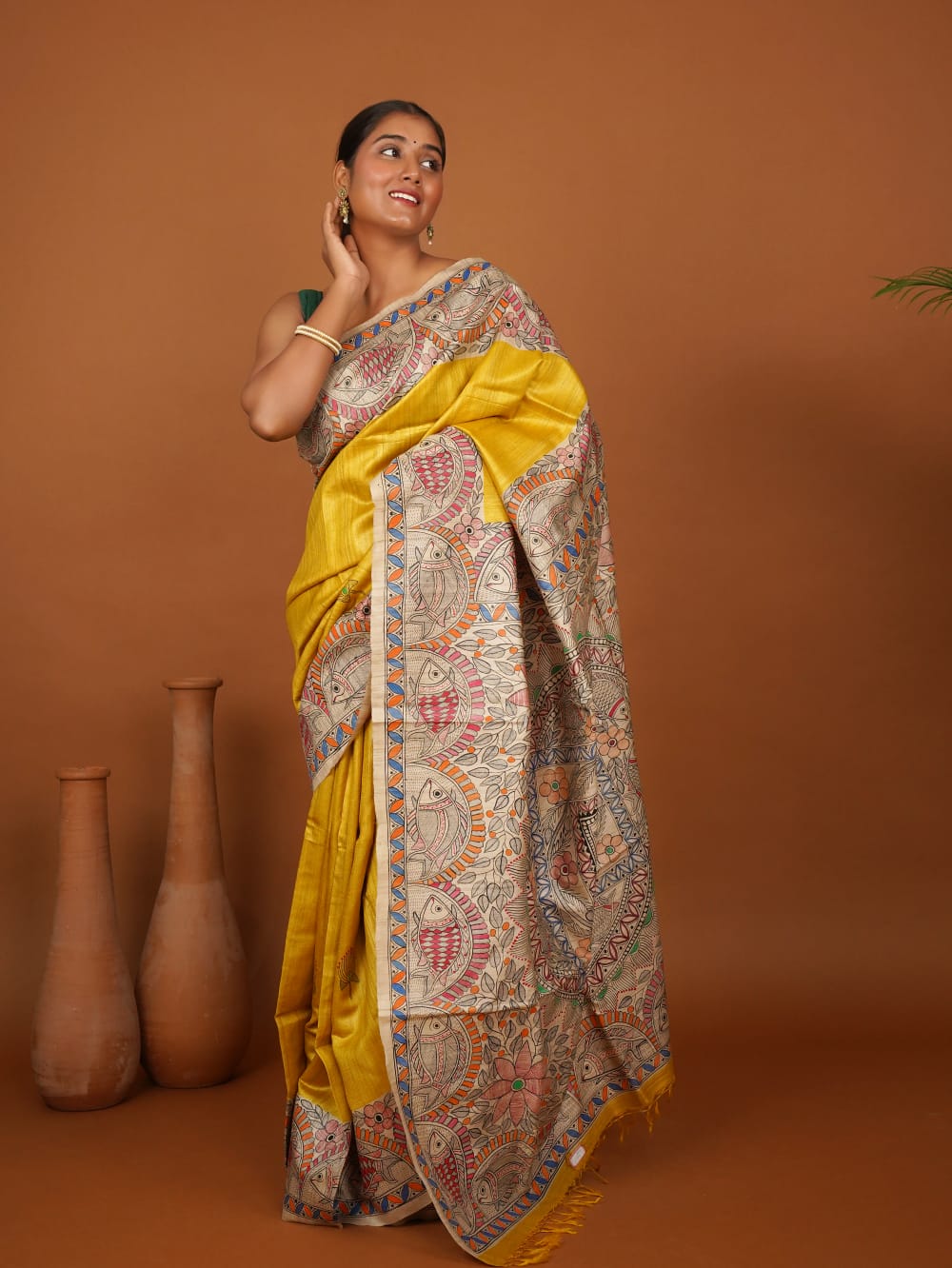Tussar Saree with Madhubani Bride, Doli, and Kaahar Painting
