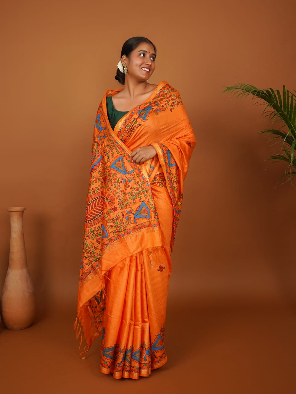 Tussar Saree with Madhubani Bride, Doli, and Kaahar Painting