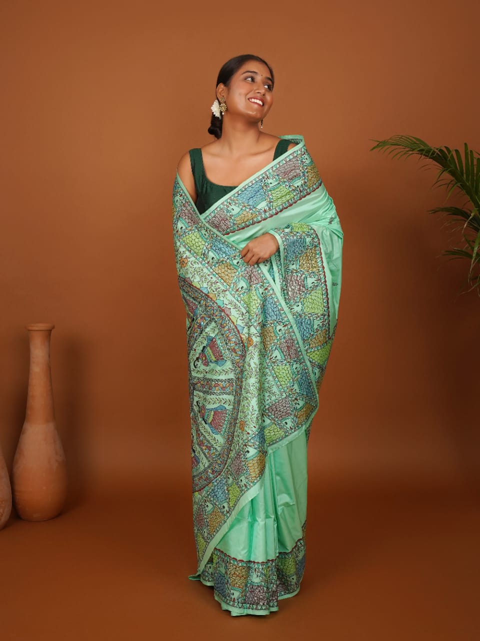 Tussar Saree with Madhubani Bride, Doli, and Kaahar Painting