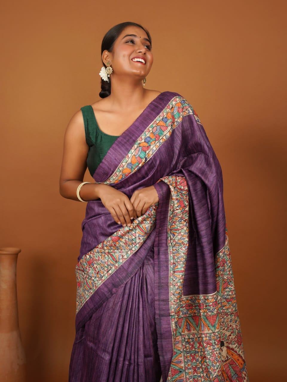 Tussar Saree with Madhubani Bride, Doli, and Kaahar Painting