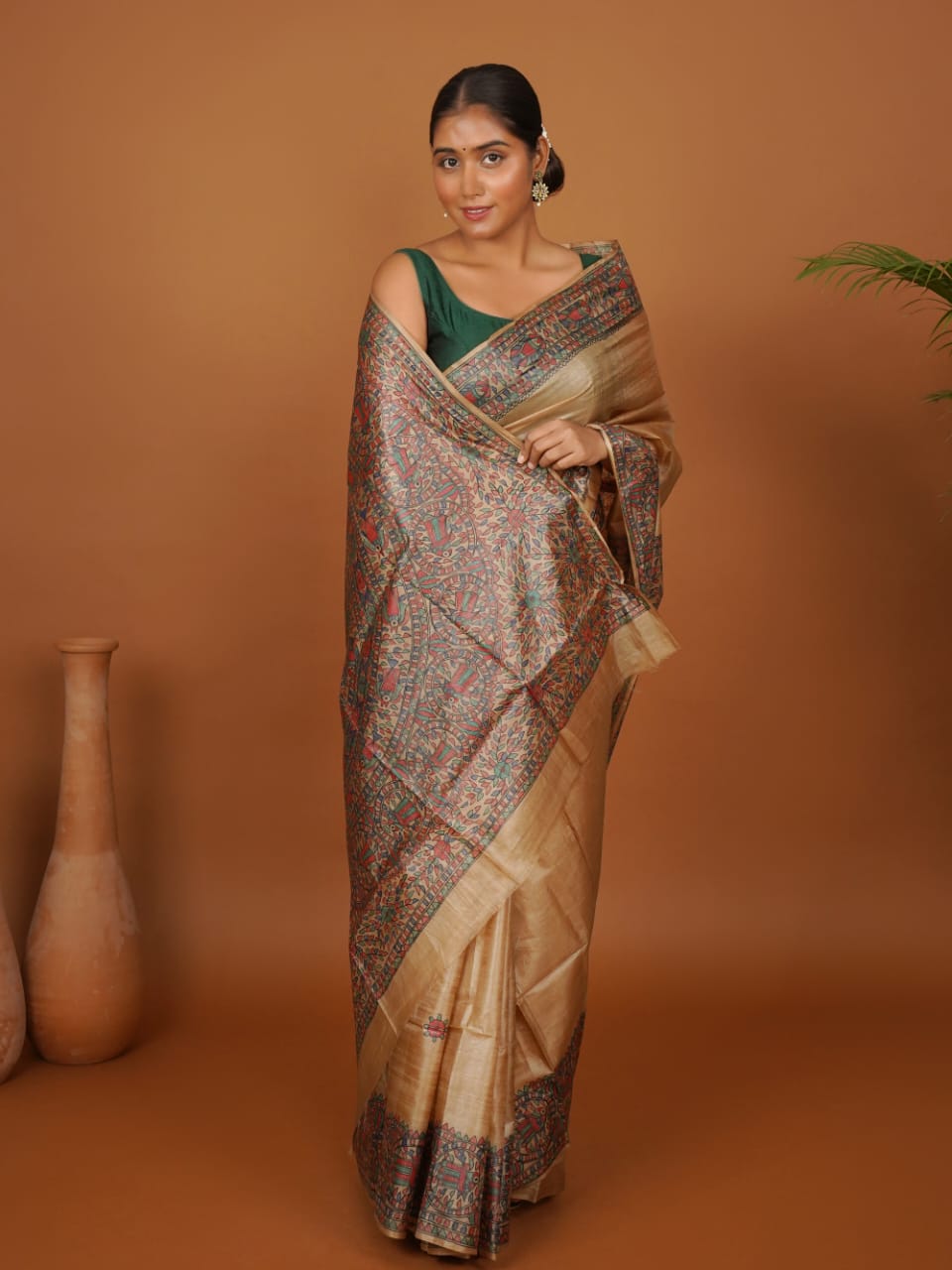 Tussar Saree with Madhubani Bride, Doli, and Kaahar Painting