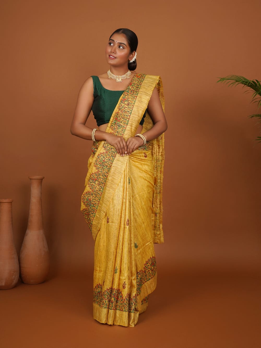 Tussar Saree with Madhubani Bride, Doli, and Kaahar Painting