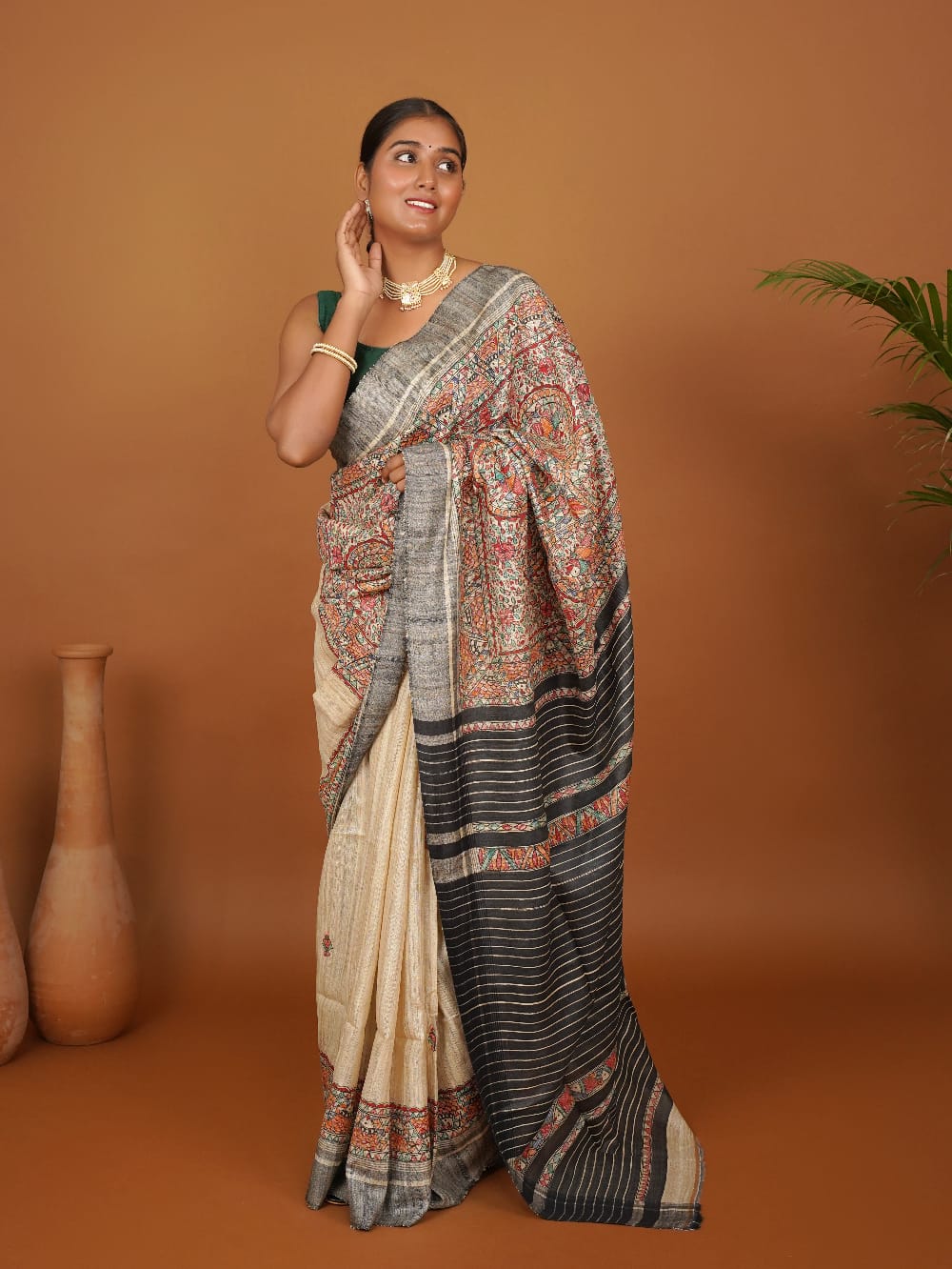 Tussar Saree with Madhubani Bride, Doli, and Kaahar Painting