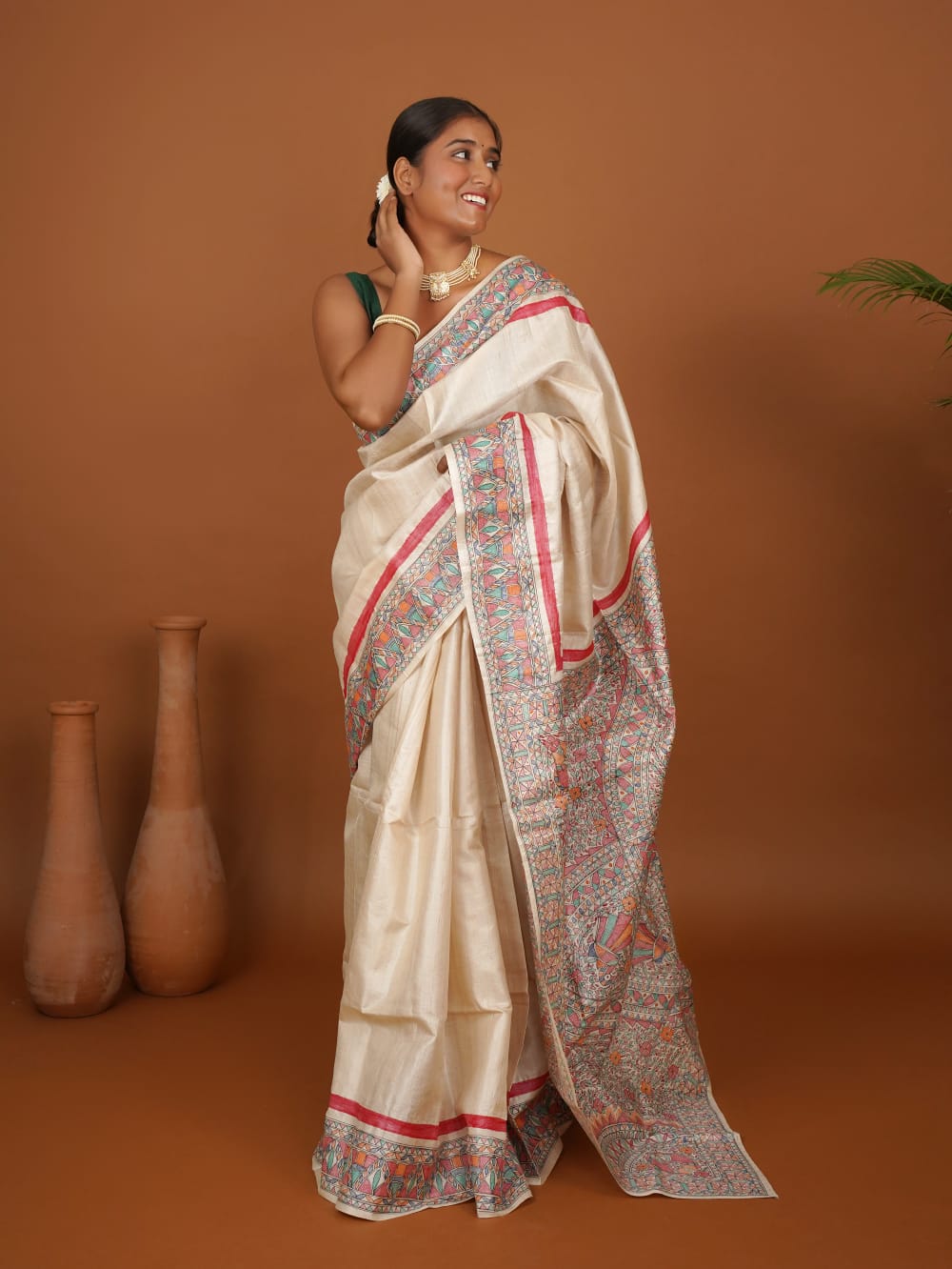 Tussar Saree with Madhubani Bride, Doli, and Kaahar Painting