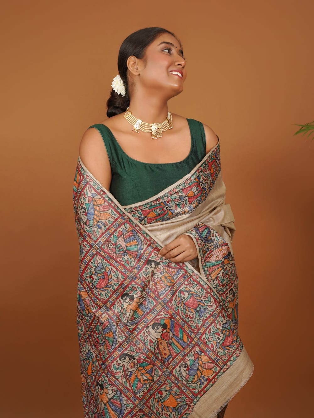 Tussar Saree with Madhubani Bride, Doli, and Kaahar Painting