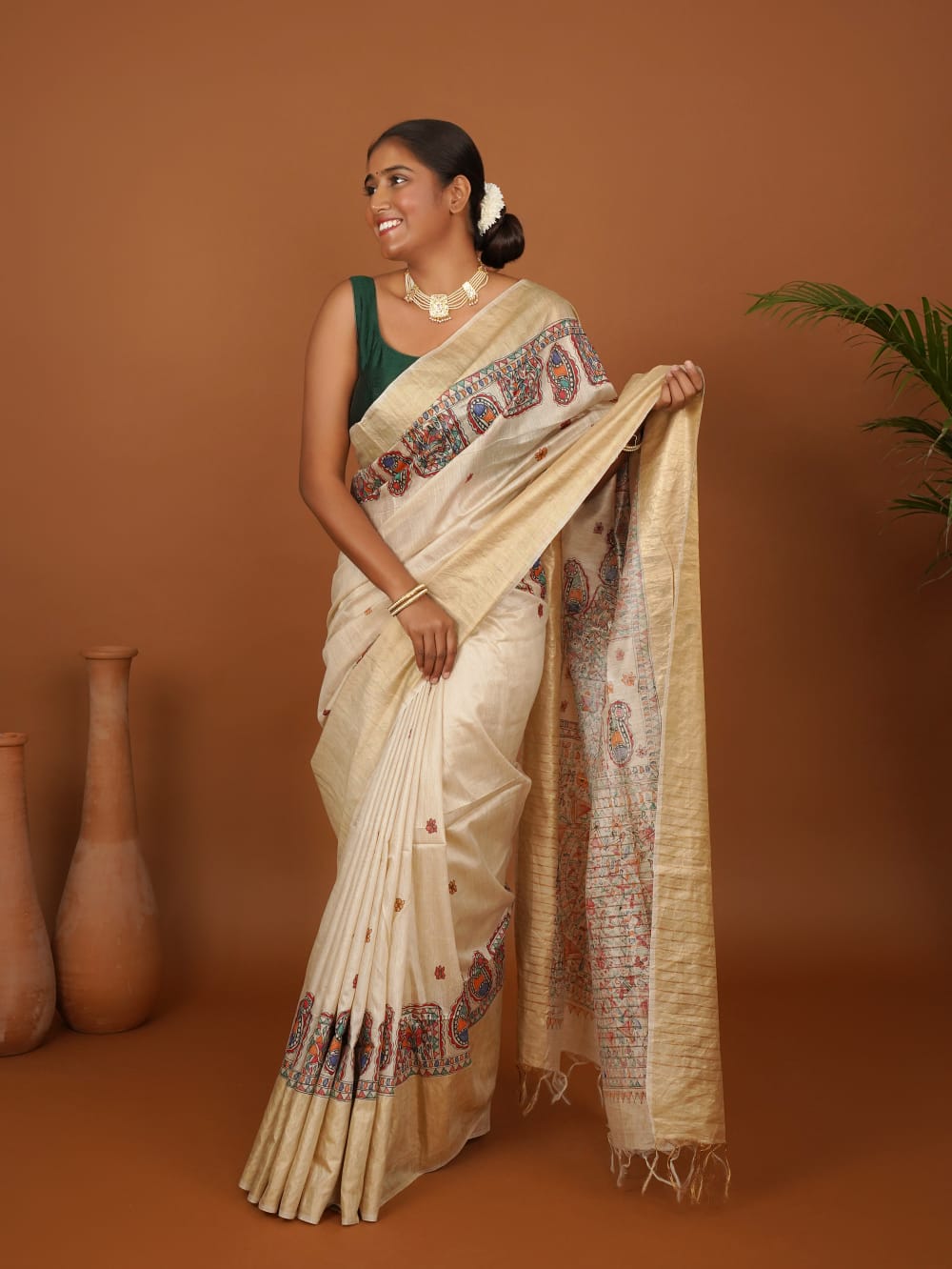 Tussar Saree with Madhubani Bride, Doli, and Kaahar Painting