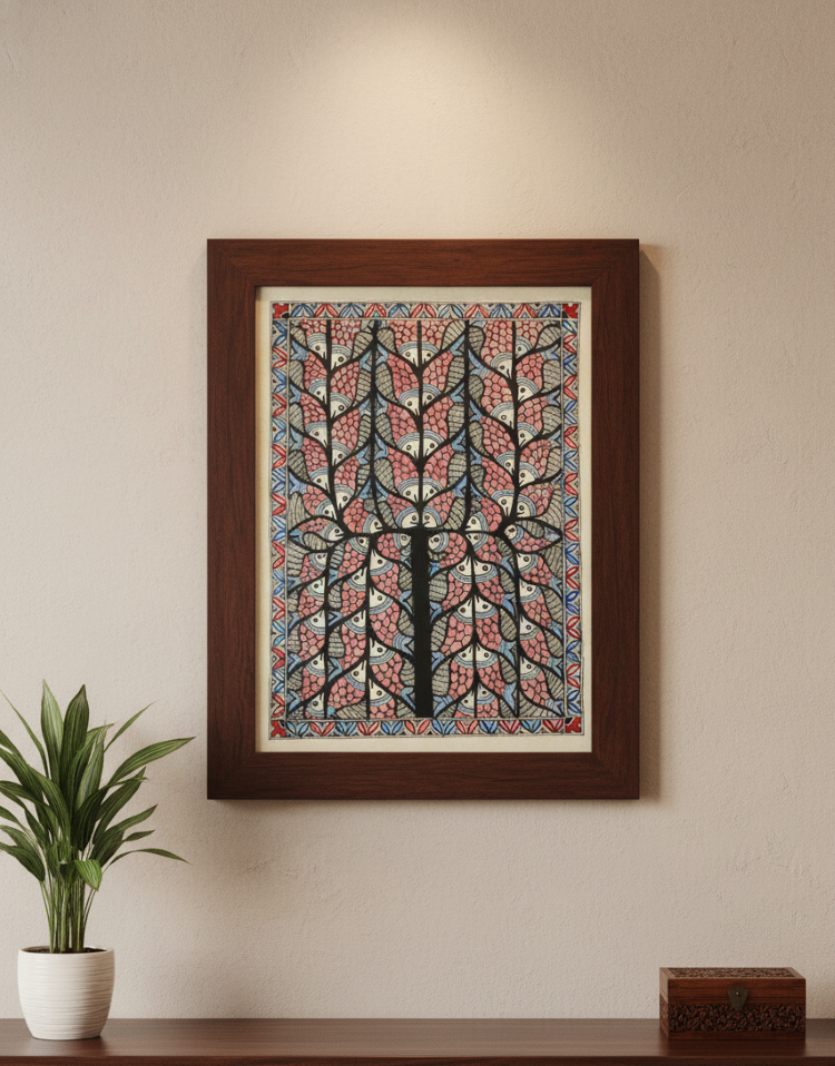 Tussar Saree with Madhubani Bride, Doli, and Kaahar Painting