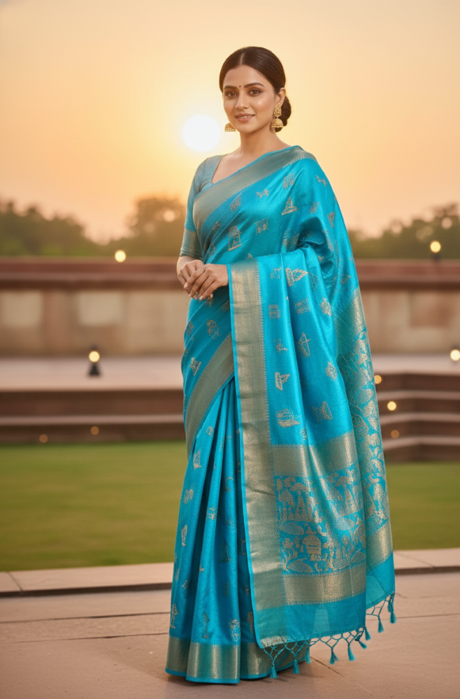Nila Samundar - Sky Blue Kosa Silk Saree with Golden Warli Sea Theme Art | Handwoven