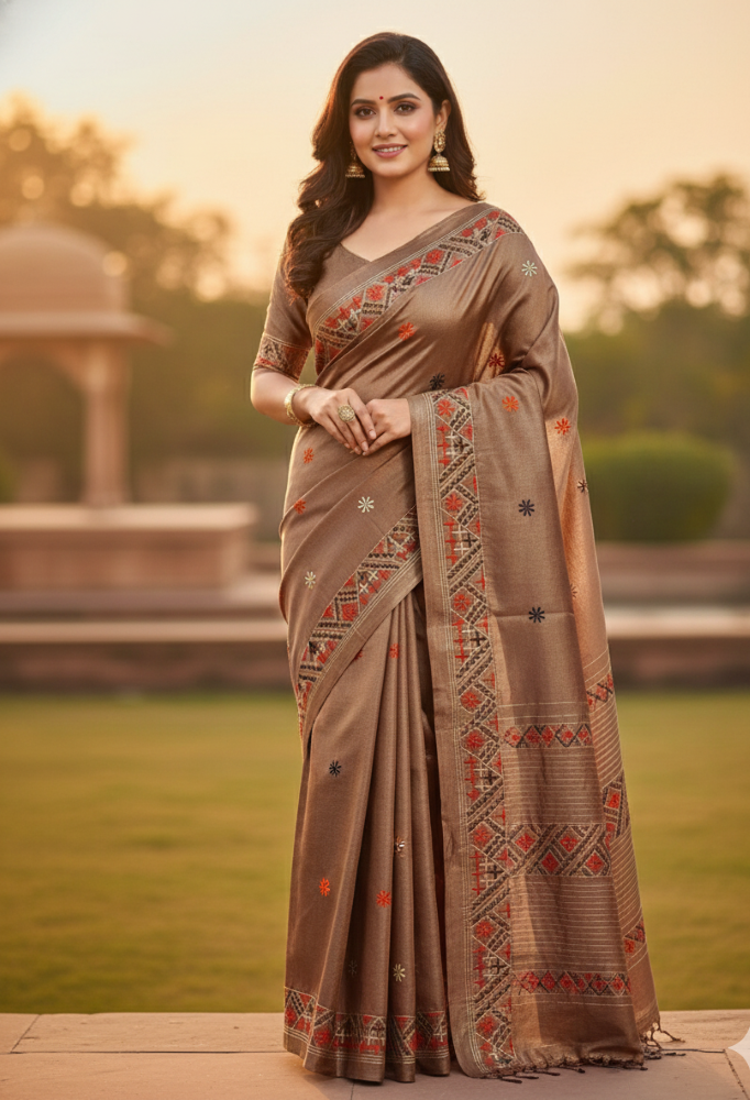 Sunheri - Light Brown Kosa Silk Saree with Red & White Floral Motifs | Handwoven