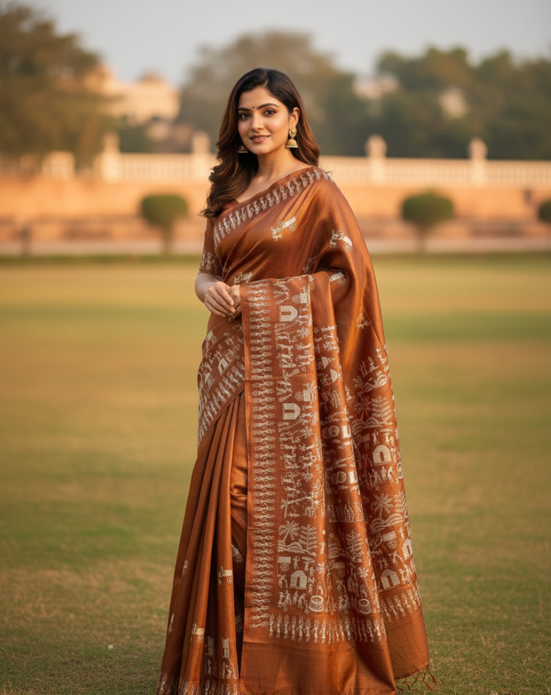 Kosaltribe -Brown & Silver Warli Pure  Kosa Silk Saree | Handwoven