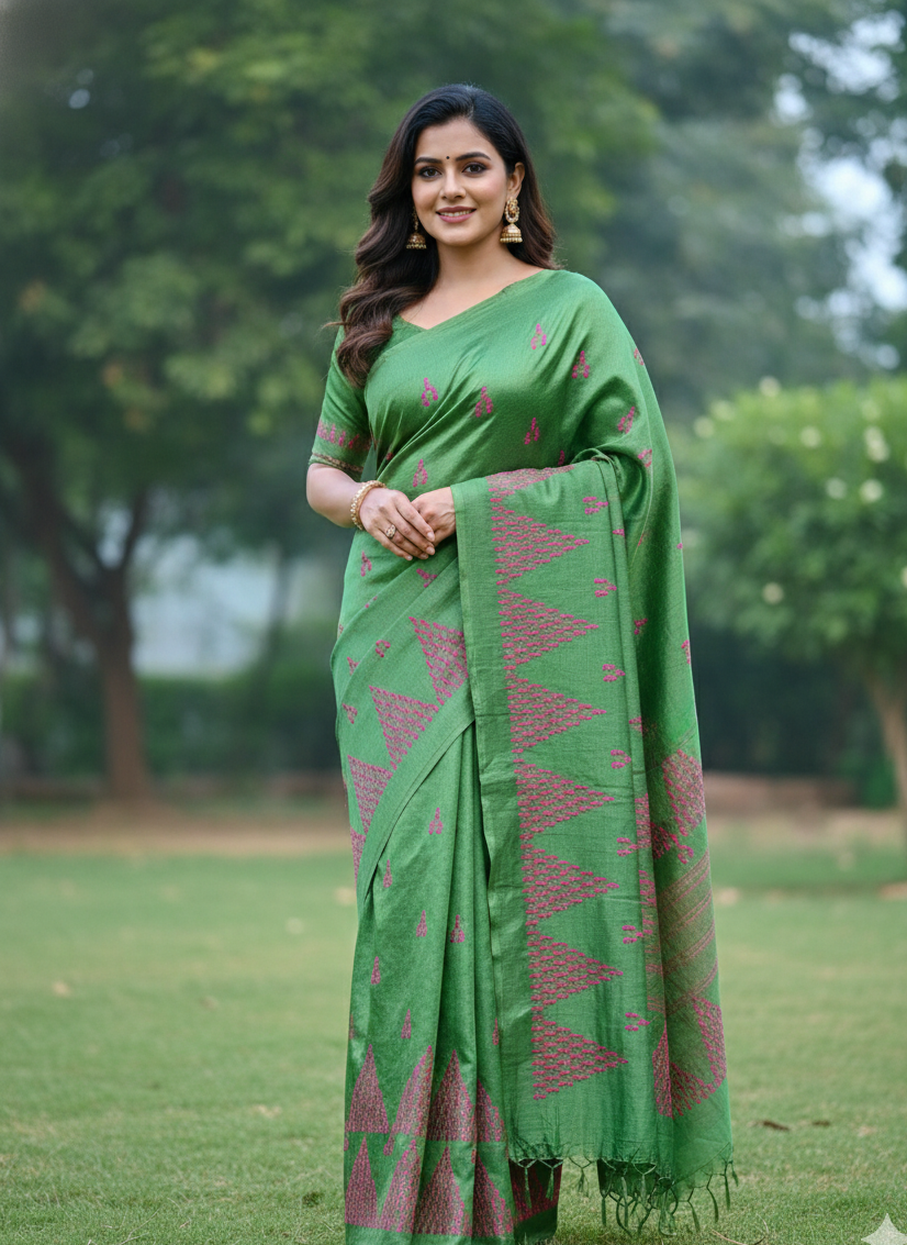 Pyramid Beauty - Green Kosa Silk Saree with Pink Pyramid Motifs | Handwoven