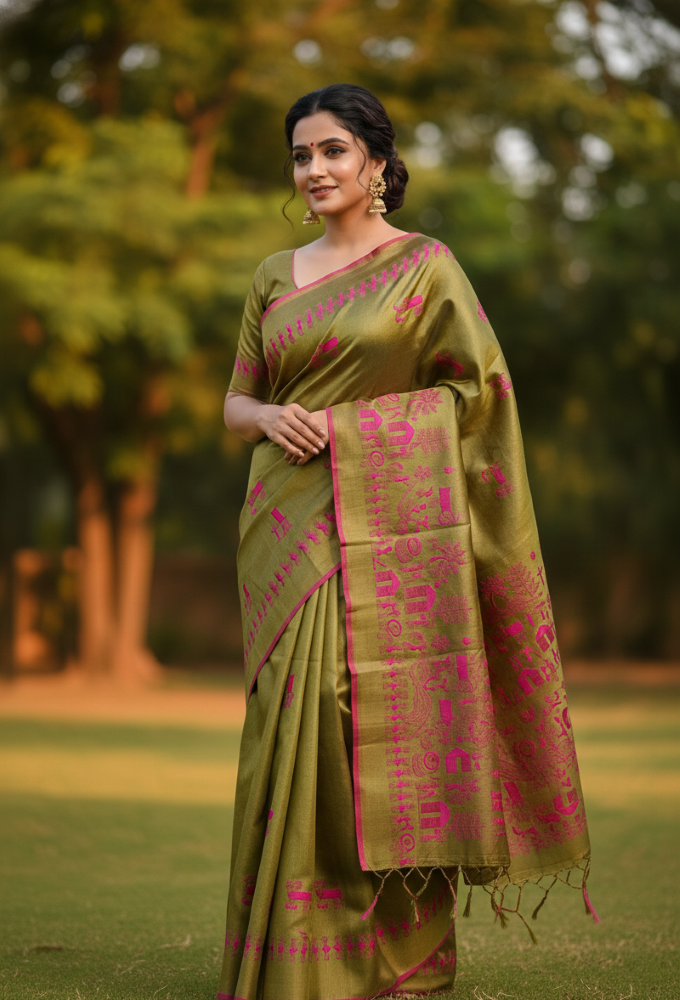 Aadipink Khaki-Hanloom Pure  Kosa Silk Saree
