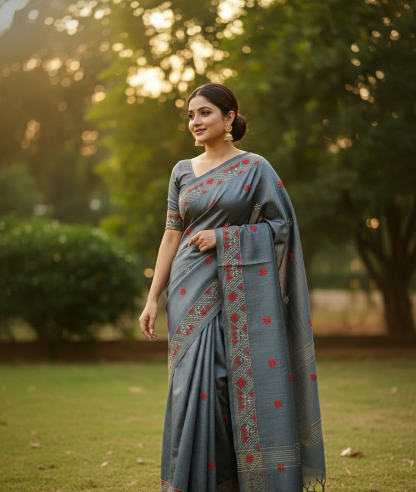 Shyaam Phool - Dark Grey Kosa Silk Saree | Handwoven