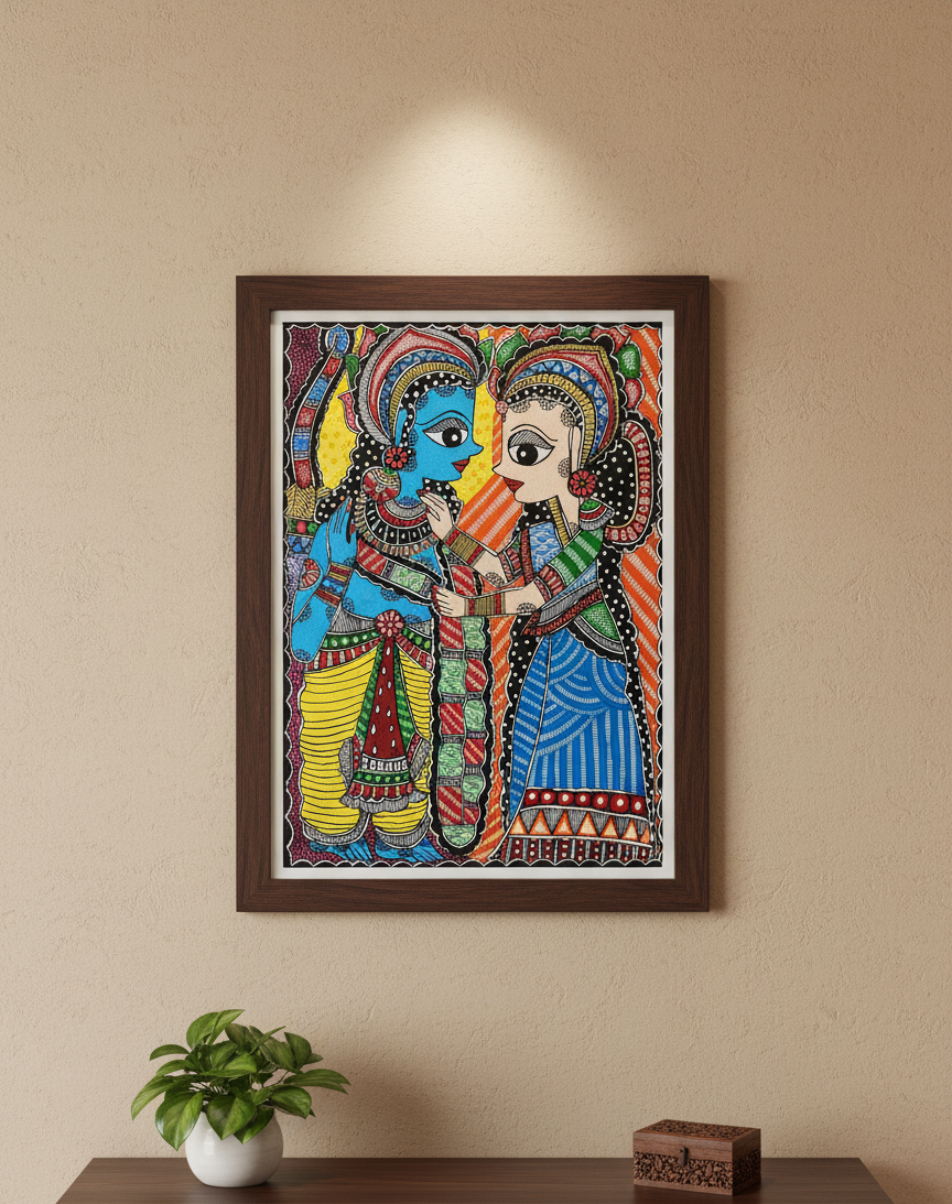 Tussar Saree with Madhubani Bride, Doli, and Kaahar Painting