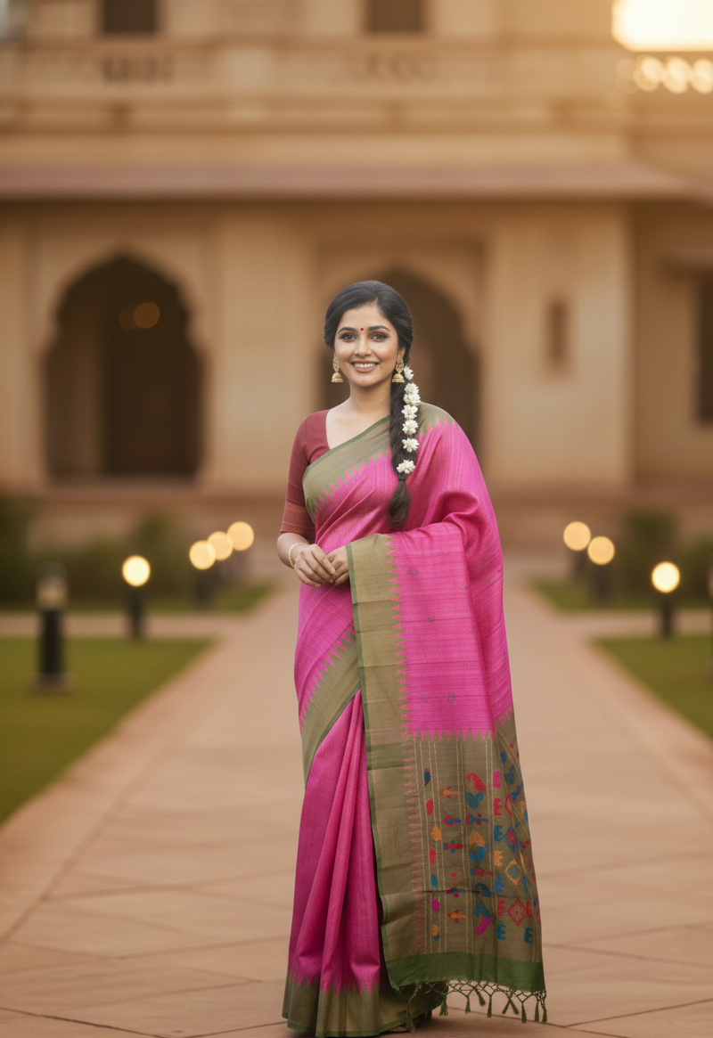 Pure Kosa Silk Saree Pink & Green