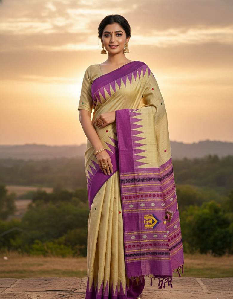 Handwoven Kosa Silk Saree in Beige & Purple