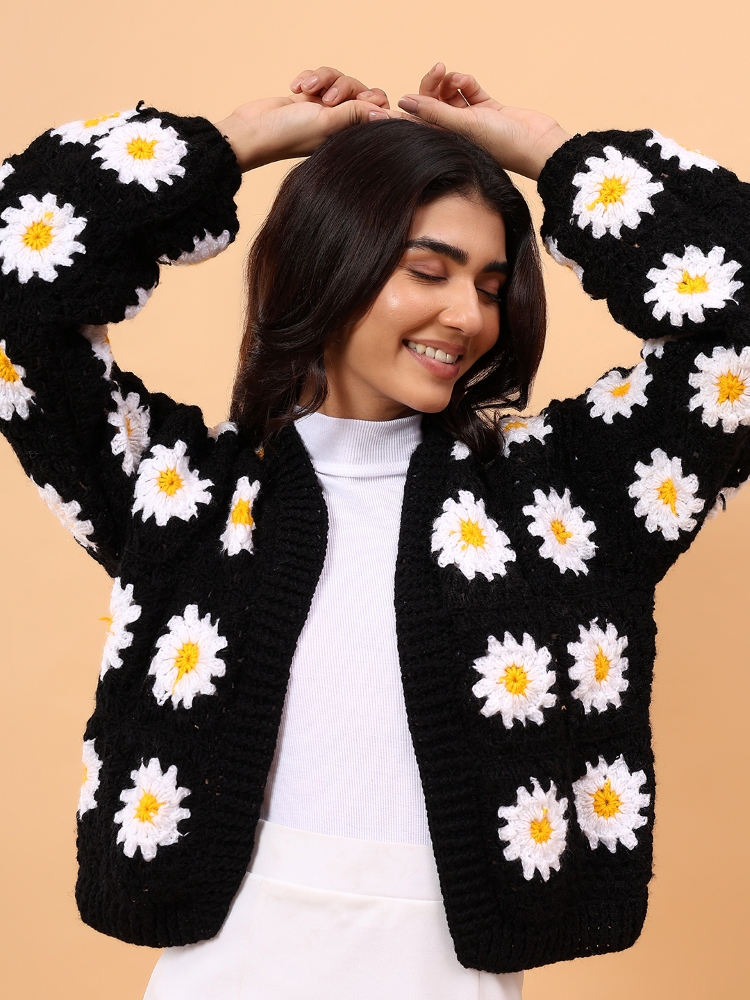 Noir Daisy Hand-Crocheted Cardigan Sweater