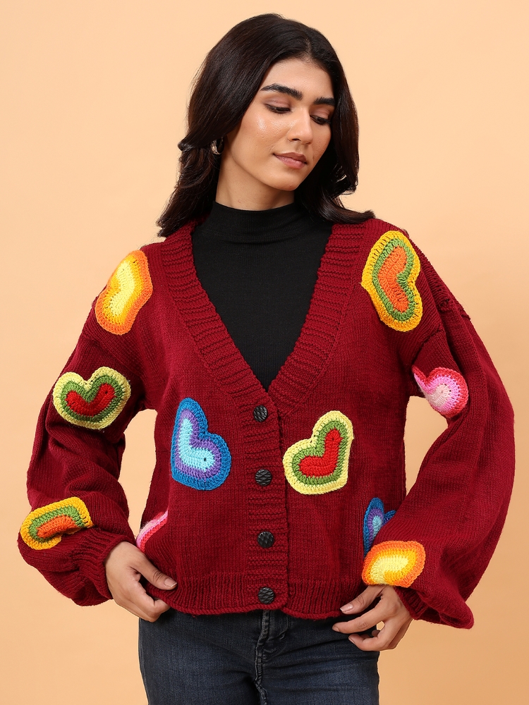 Dilrang Hand-Knitted Heart Cardigan Sweater