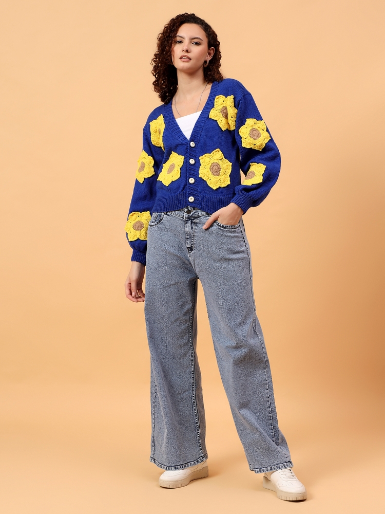 Neel Suraj Hand-Knitted Floral Cardigan Sweater