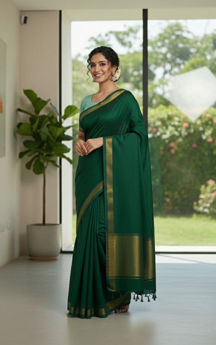Elegant Dark Green Mul Cotton Saree with Golden Jari Border