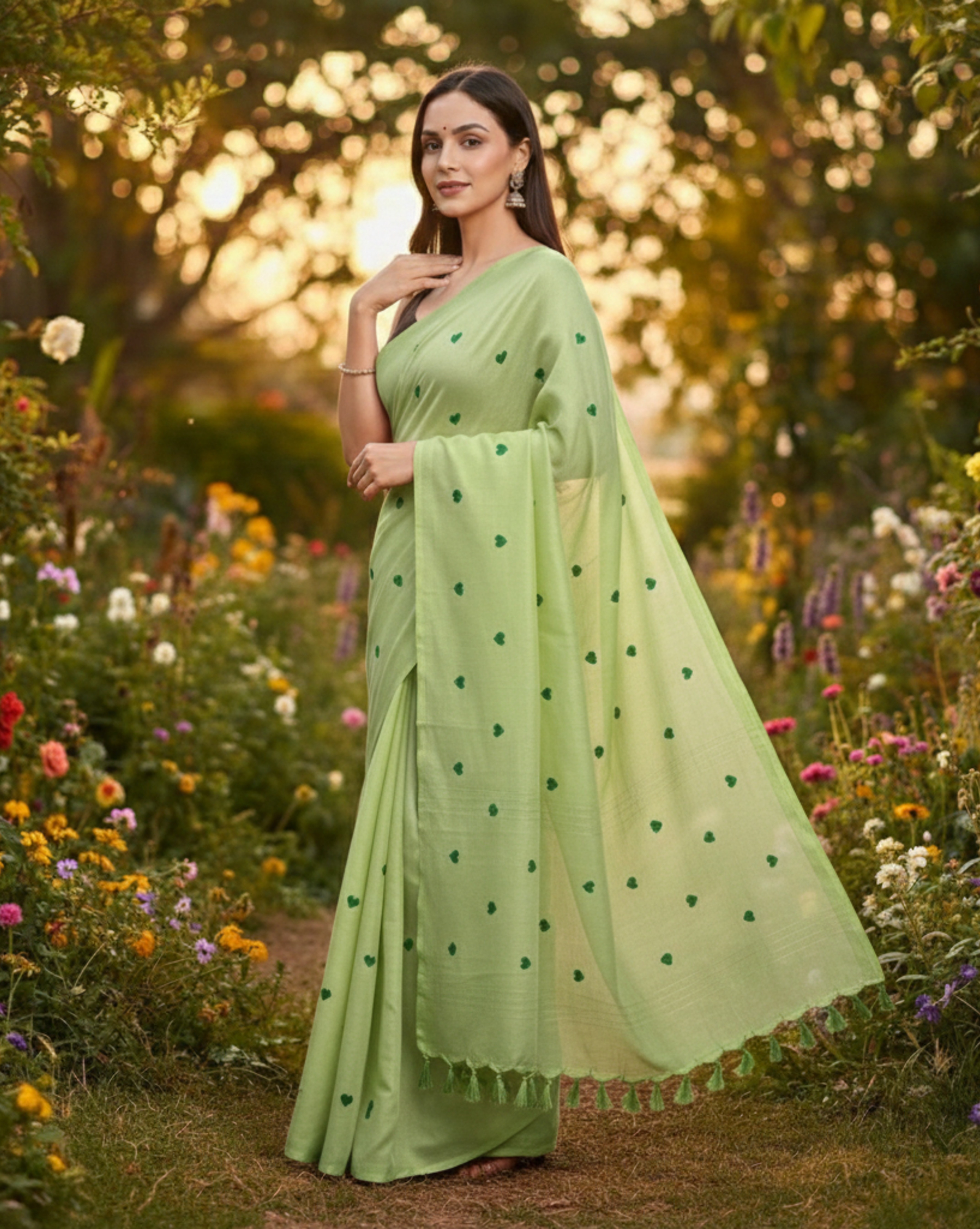 Handcrafted Mul Cotton Saree  Light Green with Dark Green Heart Motifs 