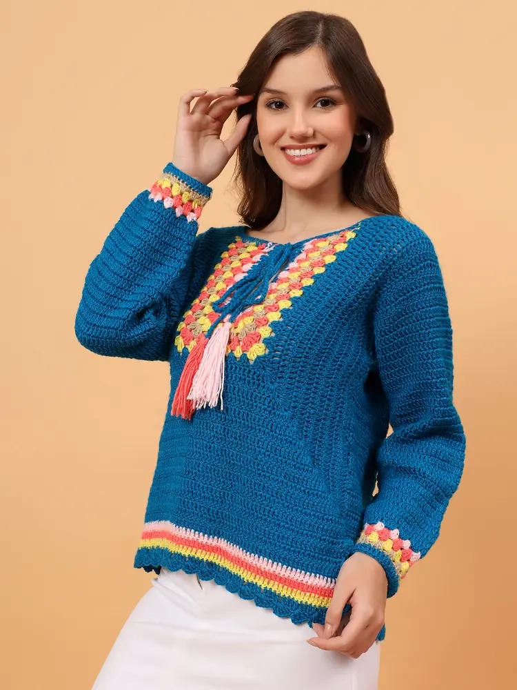 Neelika Boho Hand-Crocheted Yoke Sweater