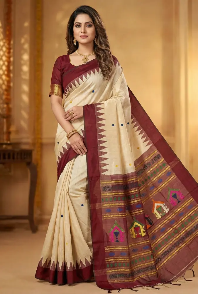 Maroon Aanchal Tribal Handloom Tussar Silk Saree