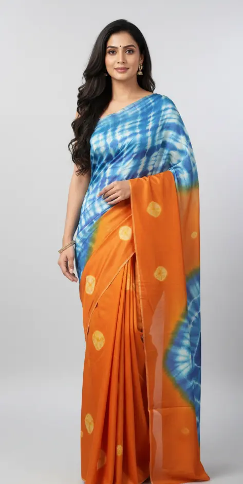 Neerja Blue–Orange Tie & Dye Handwoven Saree