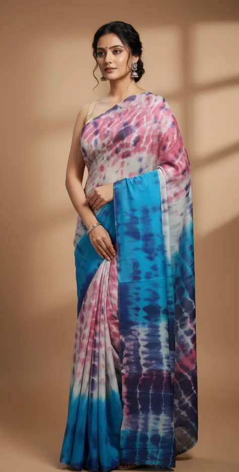 Tarini Blush Pink–Teal Blue Tie & Dye Handwoven Saree
