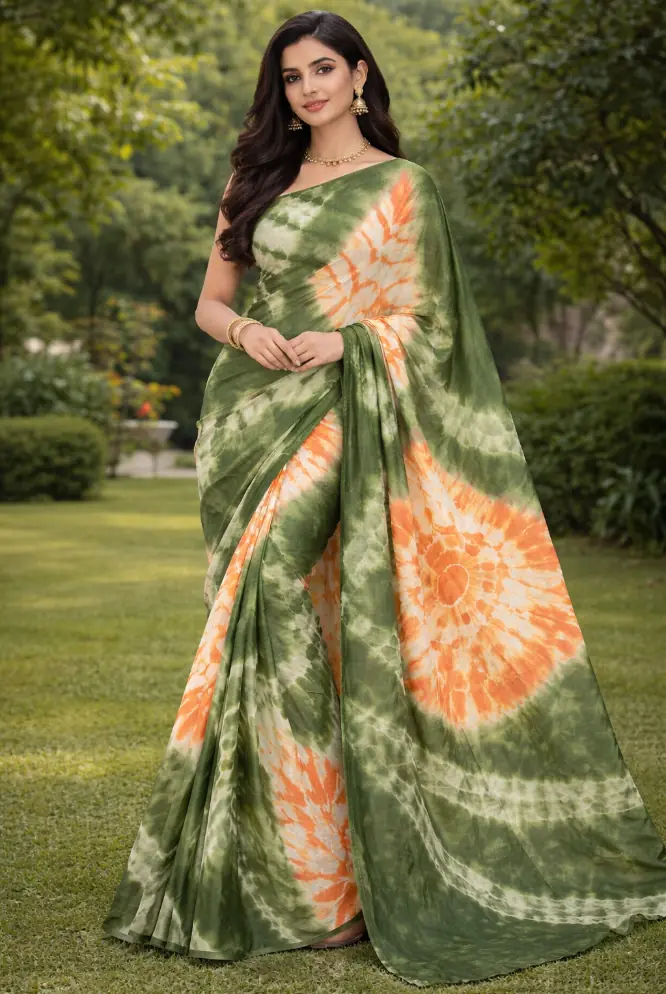Aarohi Olive Green–Tangerine Tie & Dye Handwoven Saree