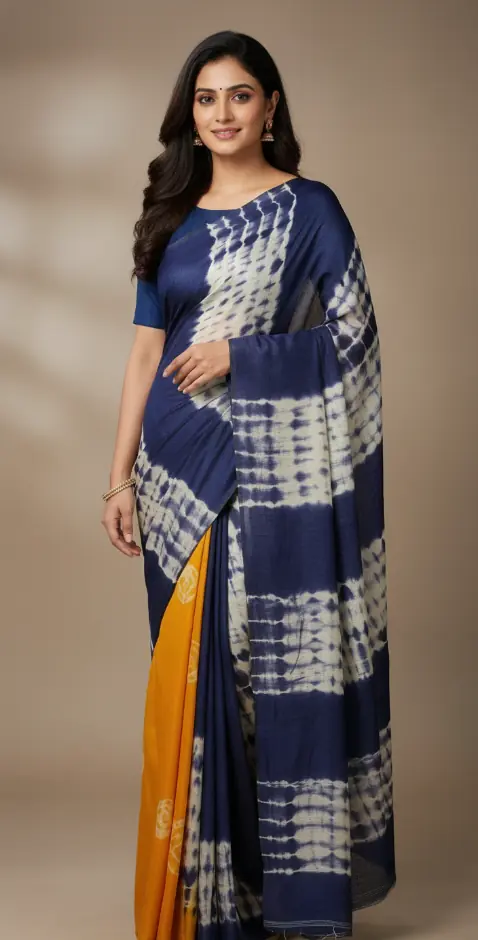 Nayra Indigo Blue–Mustard Tie & Dye Handwoven Saree