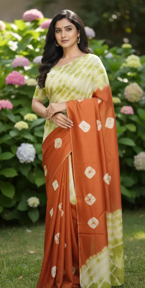 Saanvi Pistachio Green–Rust Tie & Dye Handwoven Saree