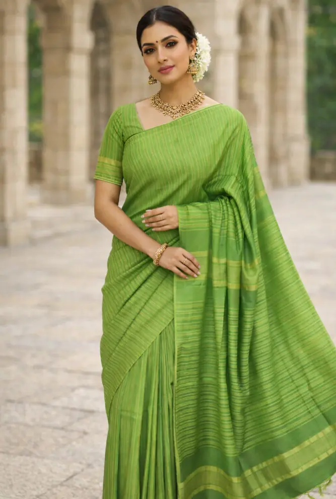 Harit Rekha Green Handwoven Cotton Saree