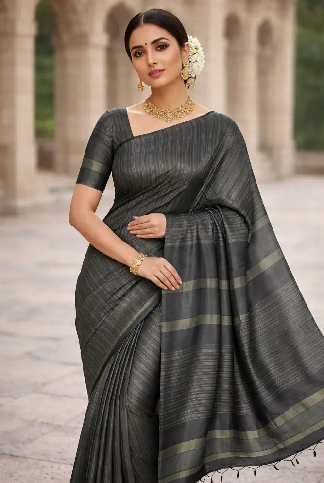 Neelika Rekha Charcoal Cotton Handloom Saree