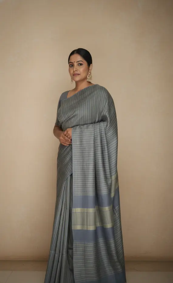 Shyama Rekha Slate Blue Cotton Handloom Saree